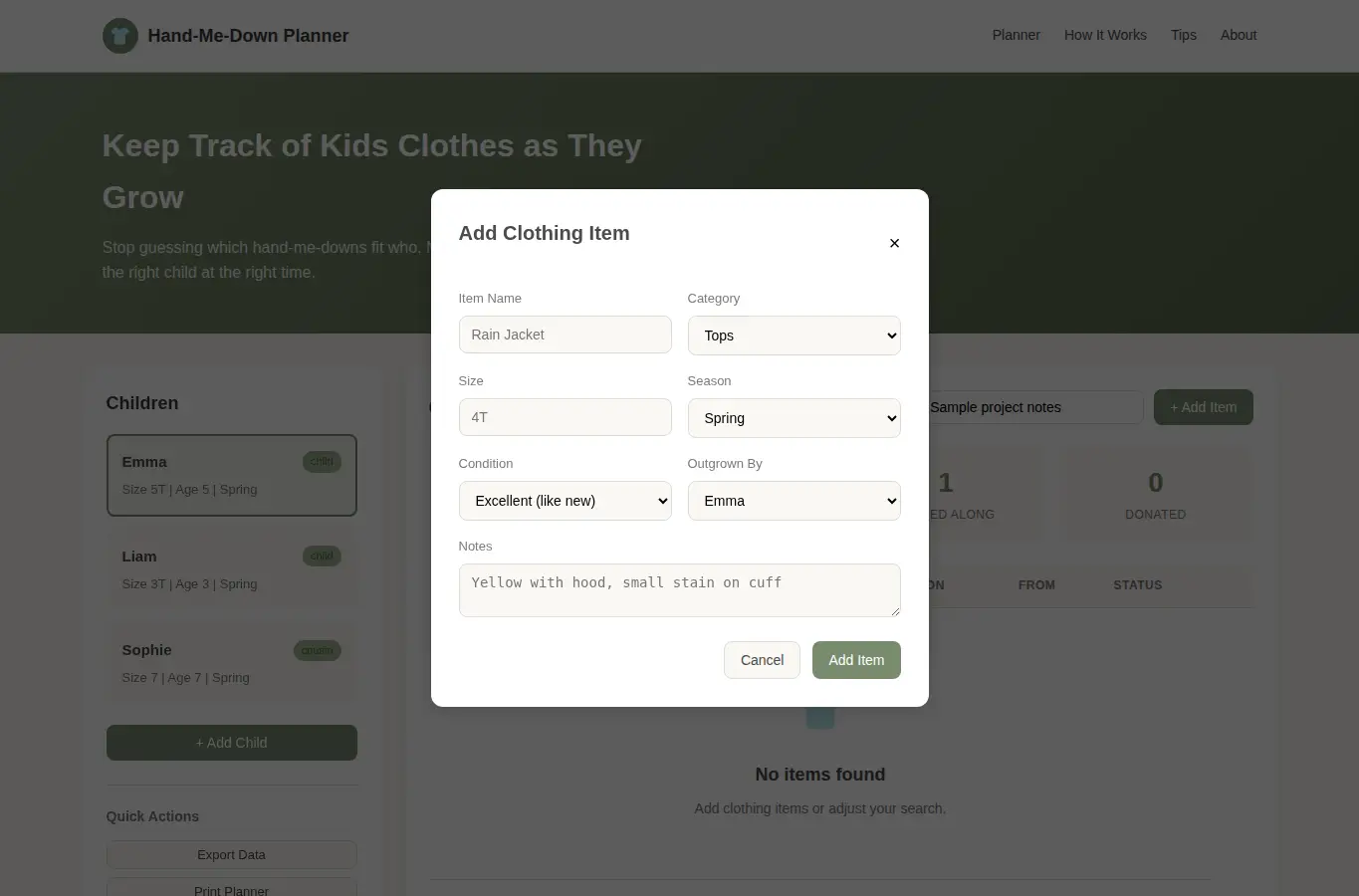 Screenshot of Hand-Me-Down Clothing Pass-Along Planner interface showing the project page in use